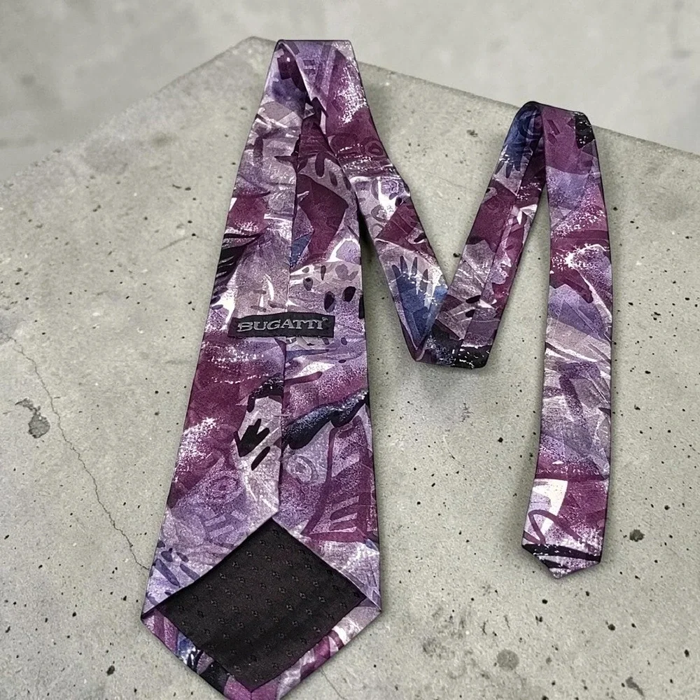 Vtg 90s Bugatti Mens Silk Tie Purple Abstract Geometric Brushstroke Italian Silk